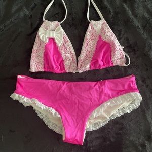 Unico Bikini Hot Pink snd White with lace and bow Size XL